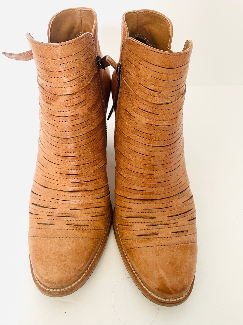 Paul Green Camel Leather Ankle Booties with Perforated Strap Detail size: 51/2